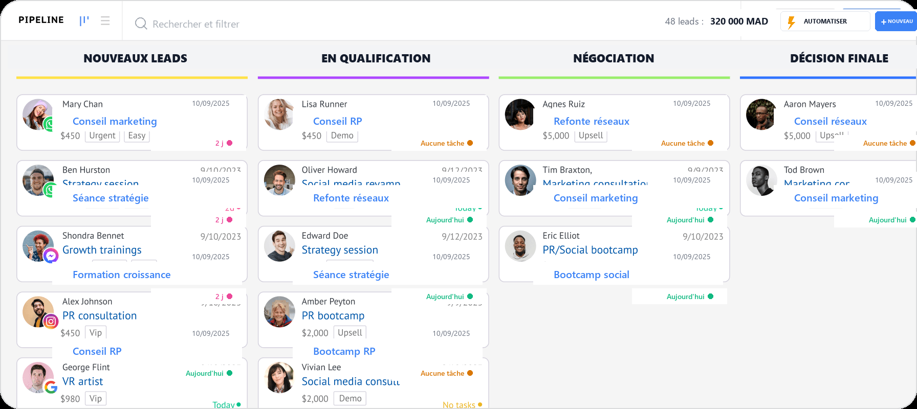 Pipeline kanban Kommo — vue complète (français)