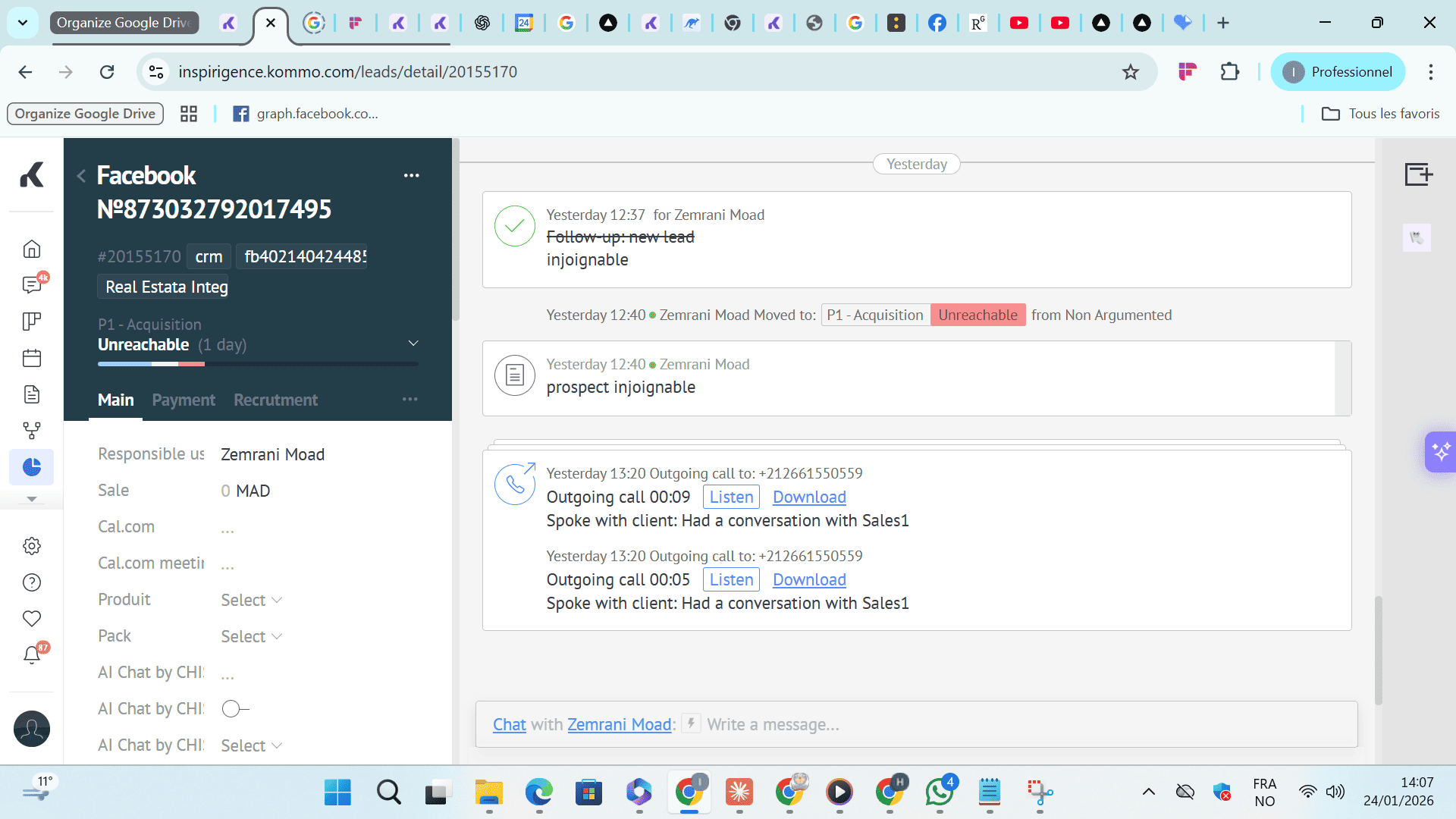 Fiche famille unifiée Kommo avec historique complet